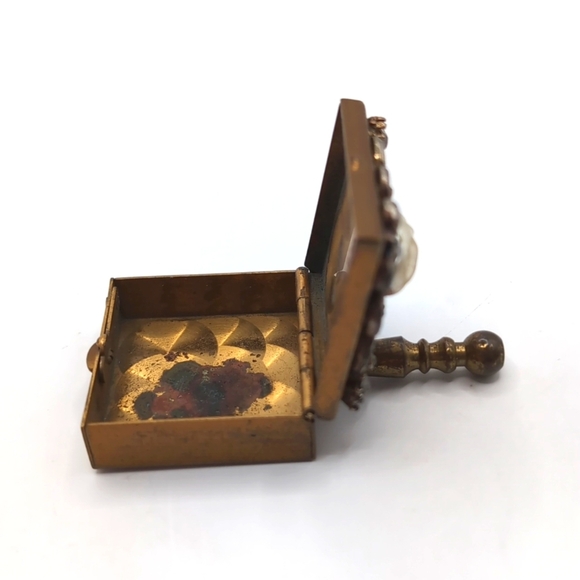 Vintage Handled Gold Tone Snuff / Pill Box with Rhinestones & Faux Pearl on Lid - Picture 7 of 12